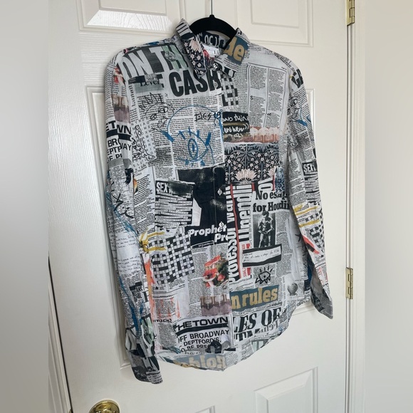 Desigual Newspaper Print Button Up Blouse – Long Sleeve Graphic Statement Top - Picture 2 of 14